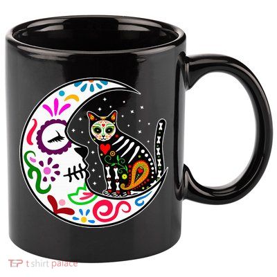Sugar Skull Cat Moon Dia De Los Muertos Mexican 11oz C Handle Ceramic Mug