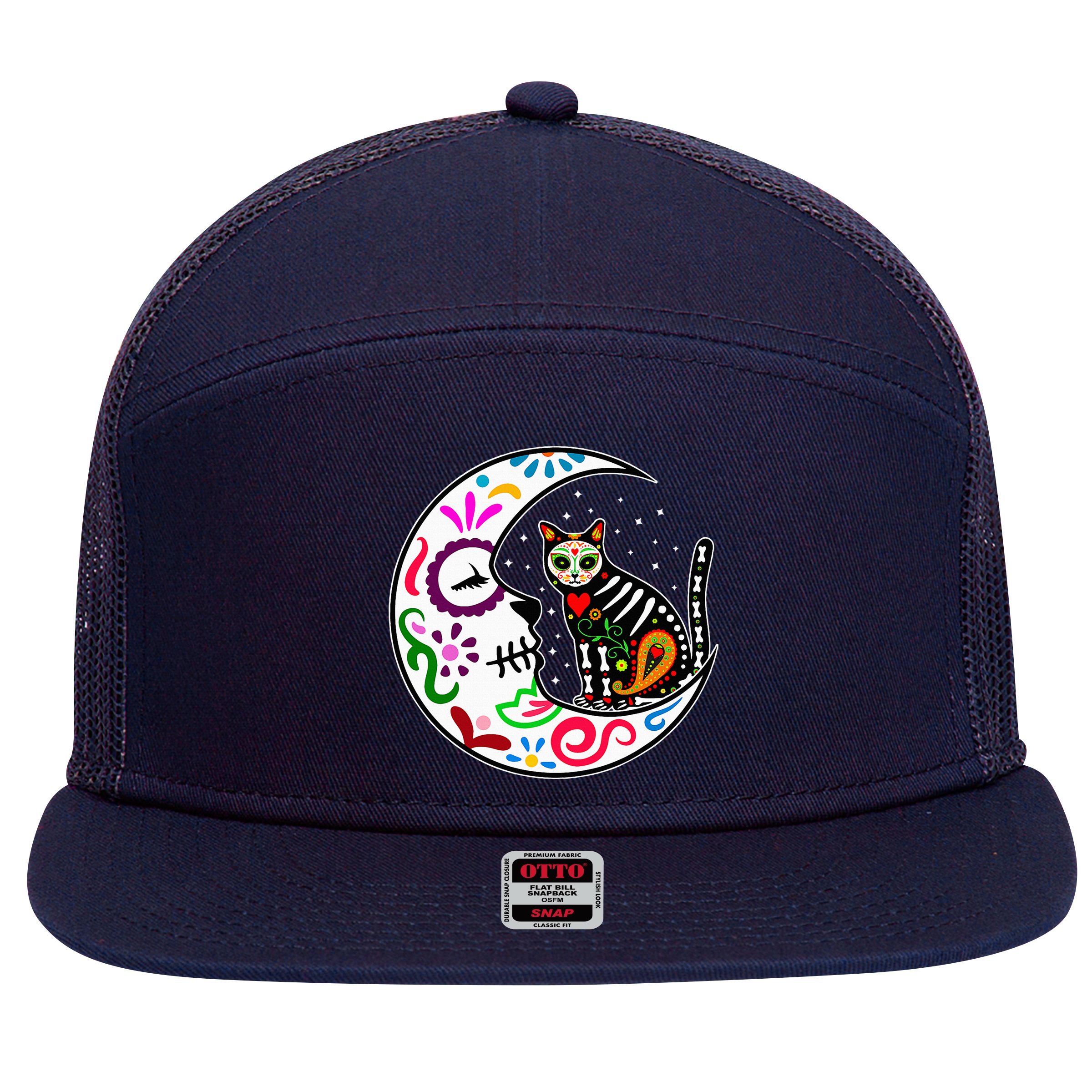 Sugar Skull Cat Moon Dia De Los Muertos Mexican 7 Panel Mesh Trucker Snapback Hat
