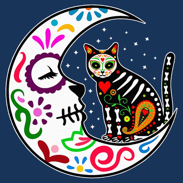 Sugar Skull Cat Moon Dia De Los Muertos Mexican 7 Panel Mesh Trucker Snapback Hat