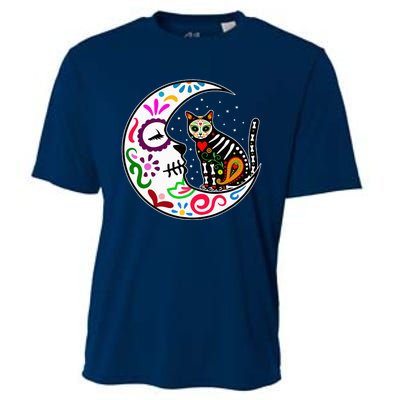 Sugar Skull Cat Moon Dia De Los Muertos Mexican Cooling Performance Crew T-Shirt