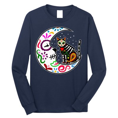Sugar Skull Cat Moon Dia De Los Muertos Mexican Long Sleeve Shirt
