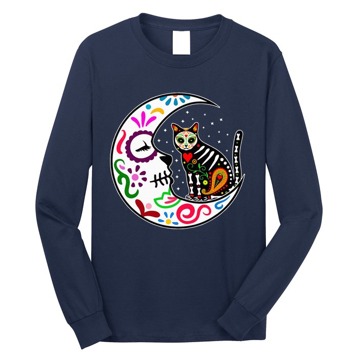 Sugar Skull Cat Moon Dia De Los Muertos Mexican Long Sleeve Shirt