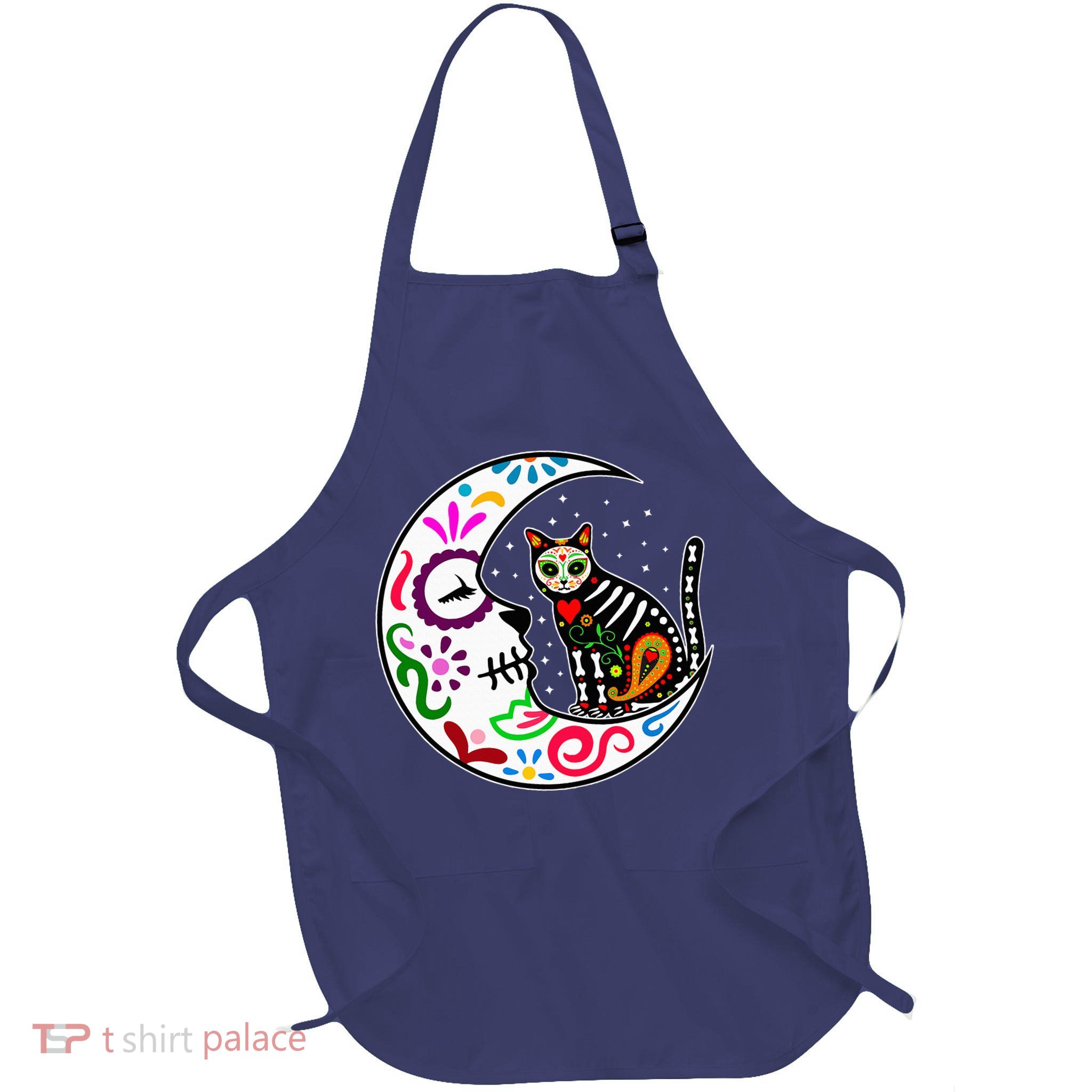 Sugar Skull Cat Moon Dia De Los Muertos Mexican Full-Length Apron With Pockets