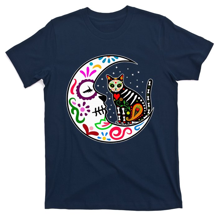 Sugar Skull Cat Moon Dia De Los Muertos Mexican T-Shirt