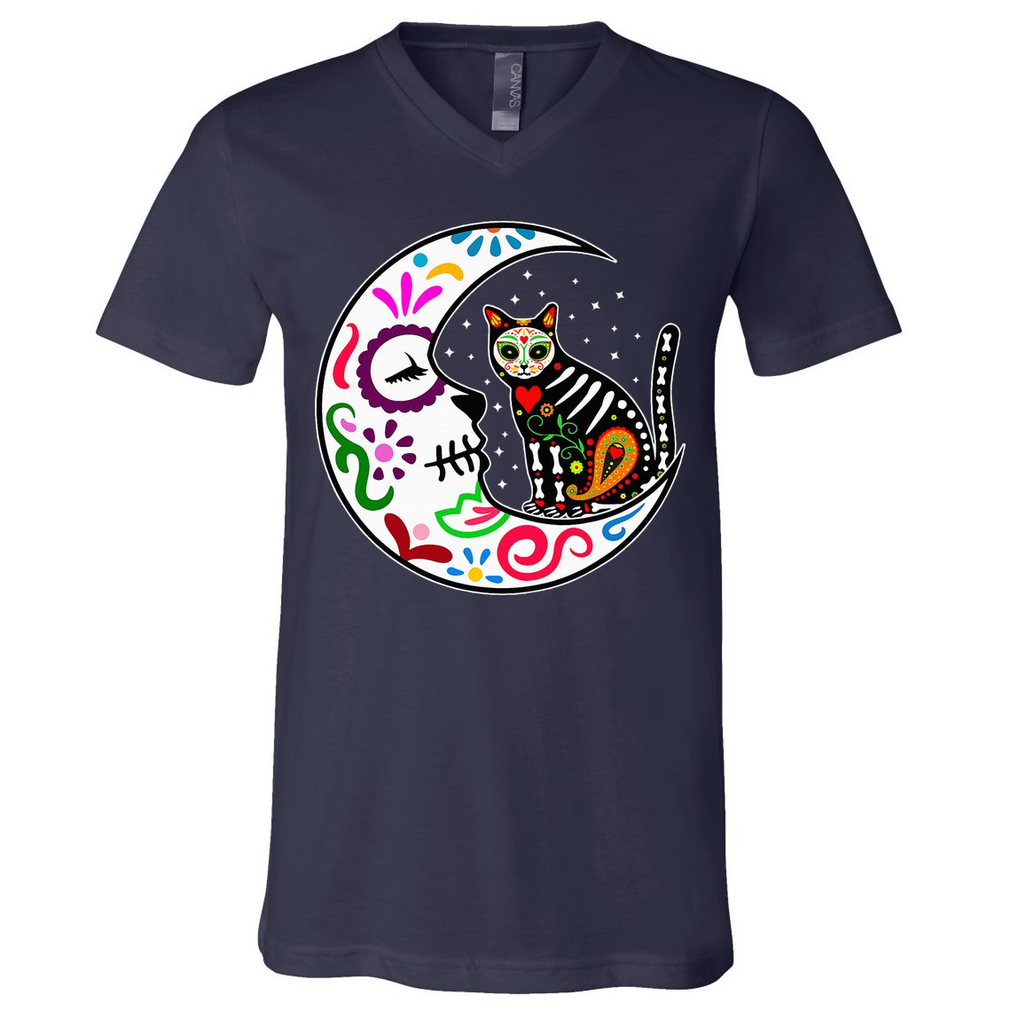 Sugar Skull Cat Moon Dia De Los Muertos Mexican V-Neck T-Shirt