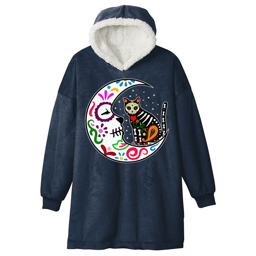 Sugar Skull Cat Moon Dia De Los Muertos Mexican Hooded Wearable Blanket