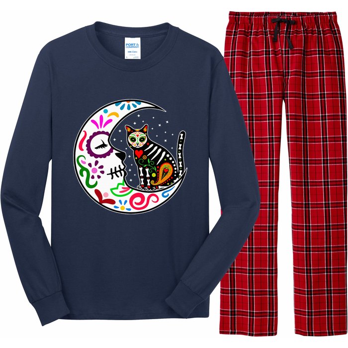 Sugar Skull Cat Moon Dia De Los Muertos Mexican Long Sleeve Pajama Set