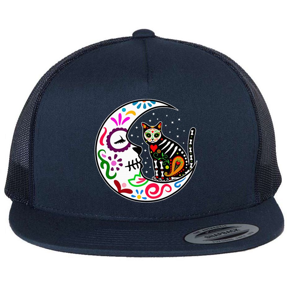 Sugar Skull Cat Moon Dia De Los Muertos Mexican Flat Bill Trucker Hat