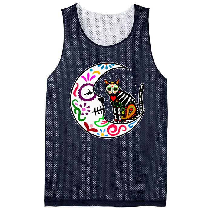 Sugar Skull Cat Moon Dia De Los Muertos Mexican Mesh Reversible Basketball Jersey Tank