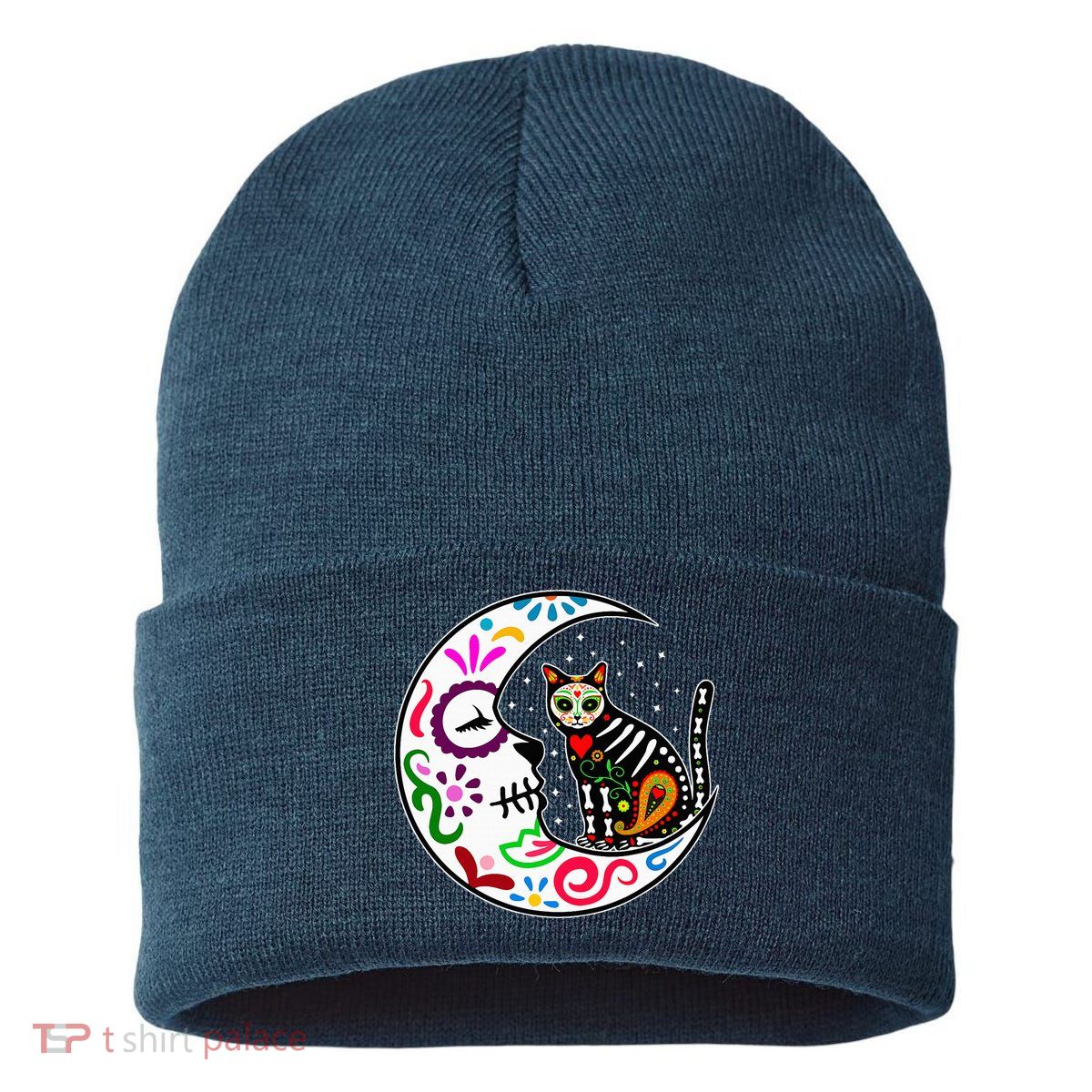 Sugar Skull Cat Moon Dia De Los Muertos Mexican Sustainable Knit Beanie