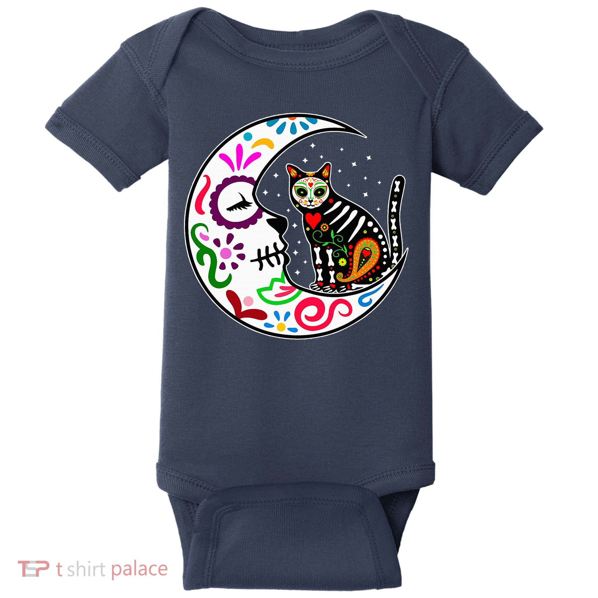 Sugar Skull Cat Moon Dia De Los Muertos Mexican Baby Bodysuit