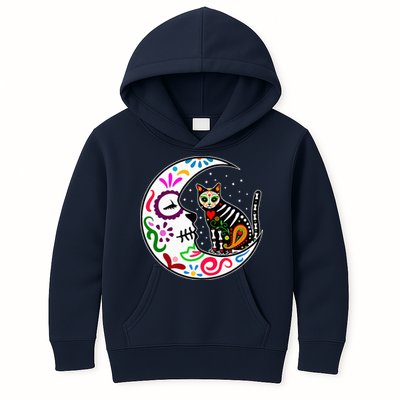 Sugar Skull Cat Moon Dia De Los Muertos Mexican Kids Hoodie
