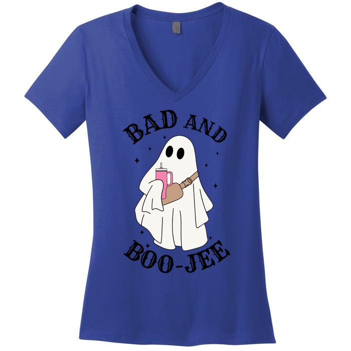 Spooky Season Cute Ghost Halloween Costume Bad And Boojee Gift Women's V-Neck T-Shirt