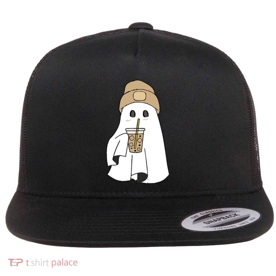 Spooky Season Cute Retro Ghost Ice Coffee Halloween Costume Cool Gift Flat Bill Trucker Hat