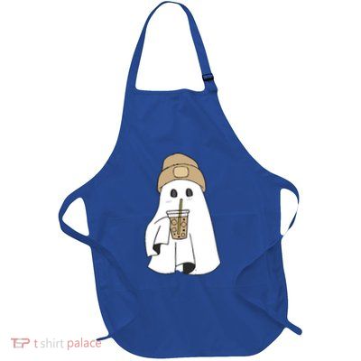 Spooky Season Cute Retro Ghost Ice Coffee Halloween Costume Cool Gift Full-Length Apron With Pockets