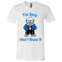 Sans Skeleton Cool Pixel Art IM Lazy And I Know It V-Neck T-Shirt
