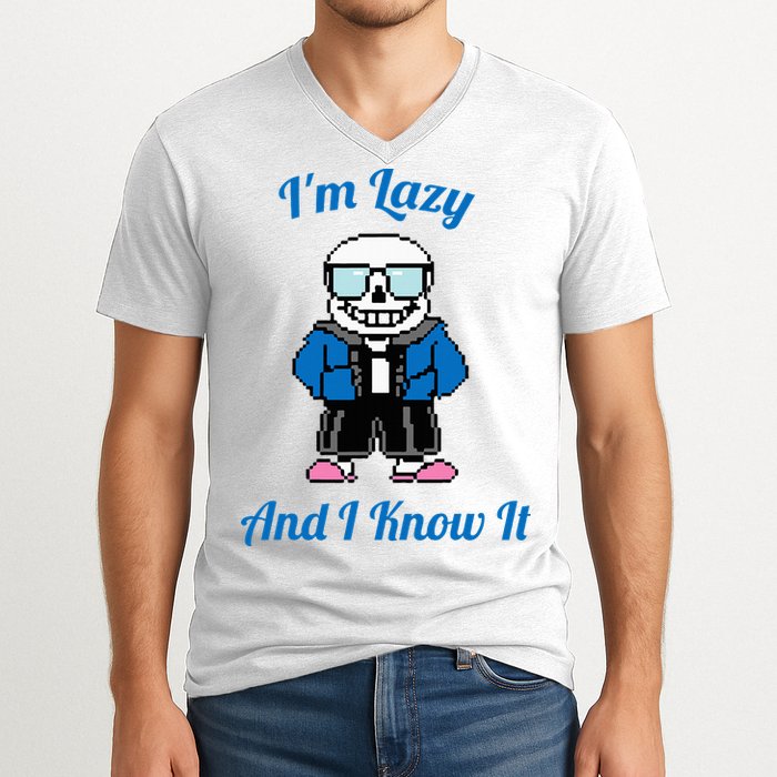 Sans Skeleton Cool Pixel Art IM Lazy And I Know It V-Neck T-Shirt