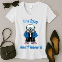 Sans Skeleton Cool Pixel Art IM Lazy And I Know It Women's V-Neck T-Shirt