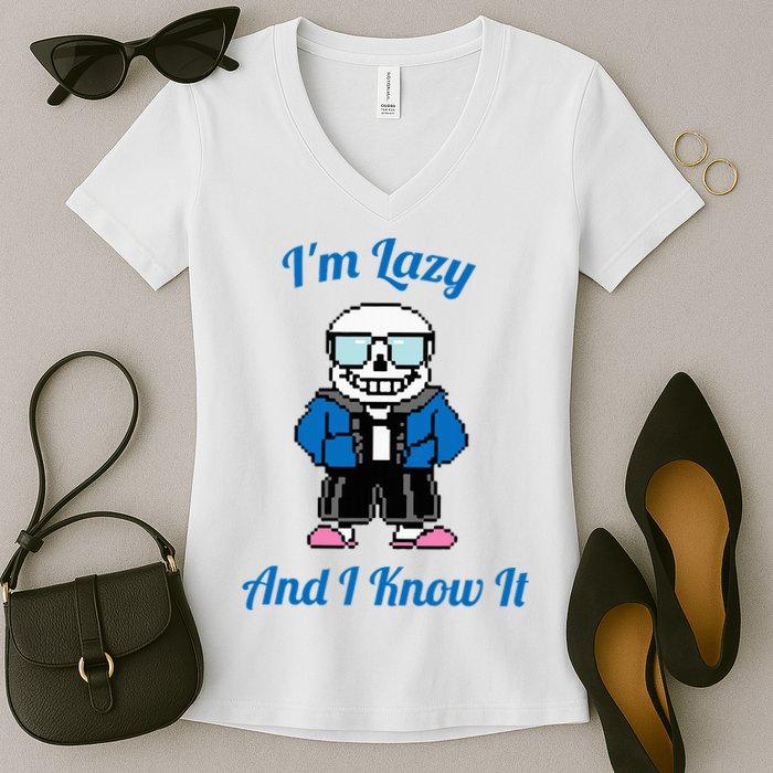 Sans Skeleton Cool Pixel Art IM Lazy And I Know It Women's V-Neck T-Shirt