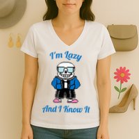 Sans Skeleton Cool Pixel Art IM Lazy And I Know It Women's V-Neck T-Shirt