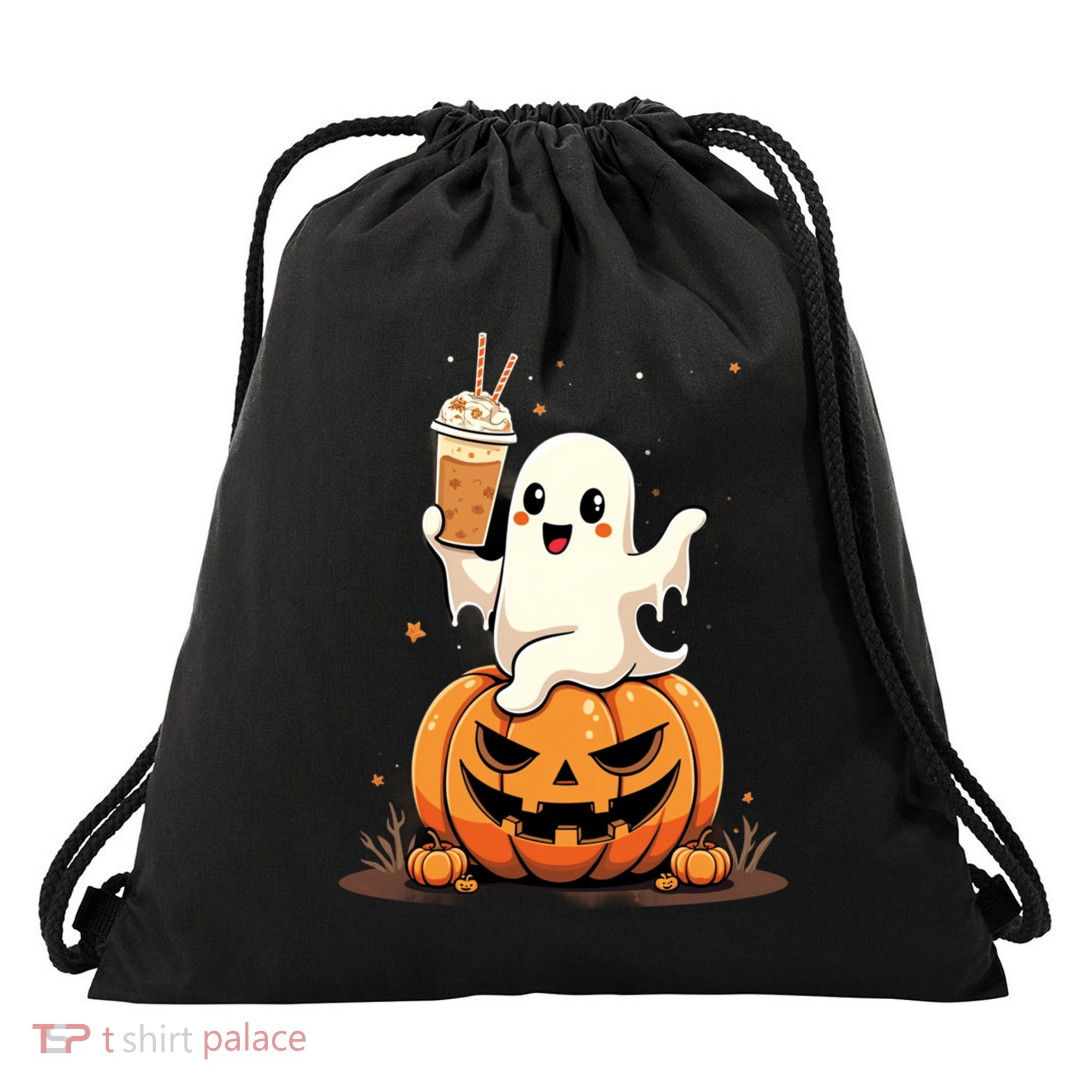 Spooky Sips – Cute Ghost Ing Coffee With Pumpkin Gift Drawstring Bag