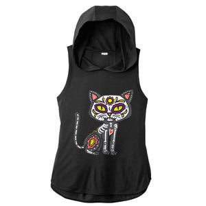 Sugar Skull Cat Dia De Muertos Day Of Dead Halloween Mexican Ladies PosiCharge Tri-Blend Wicking Draft Hoodie Tank