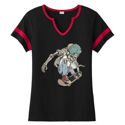 Skater Skeleton Cartoon Ladies Halftime Notch Neck Tee