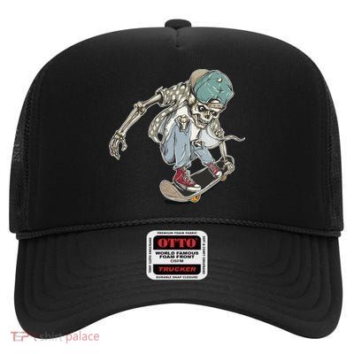Skater Skeleton Cartoon High Crown Mesh Back Trucker Hat