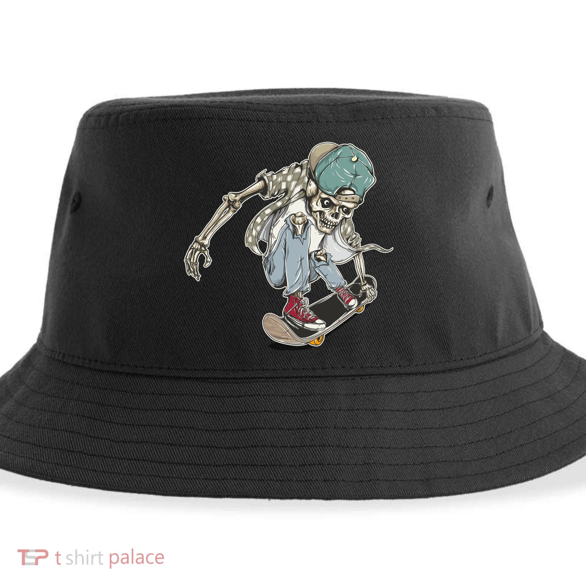 Skater Skeleton Cartoon Sustainable Bucket Hat
