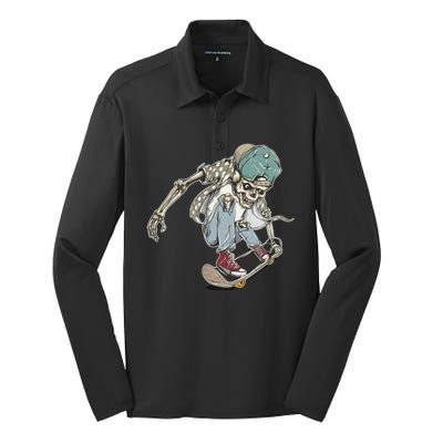 Skater Skeleton Cartoon Silk Touch Performance Long Sleeve Polo