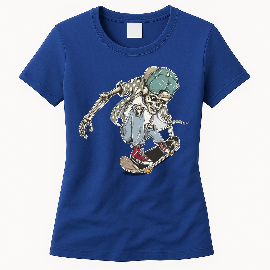 Skater Skeleton Cartoon Womens T-Shirt