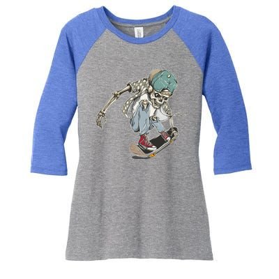 Skater Skeleton Cartoon Women's Tri-Blend 3/4-Sleeve Raglan Shirt