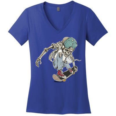 Skater Skeleton Cartoon Women's V-Neck T-Shirt