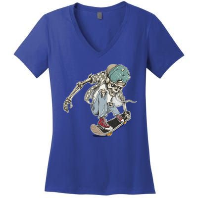 Skater Skeleton Cartoon Women's V-Neck T-Shirt