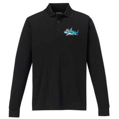 Santa Shark Christmas Lights Sharkmas Performance Long Sleeve Polo