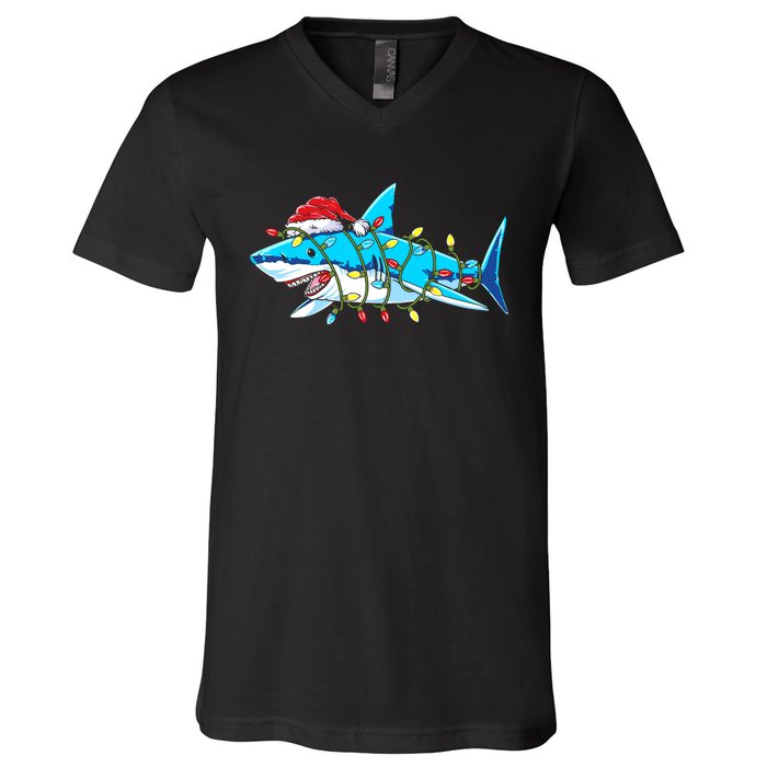 Santa Shark Christmas Lights Sharkmas V-Neck T-Shirt