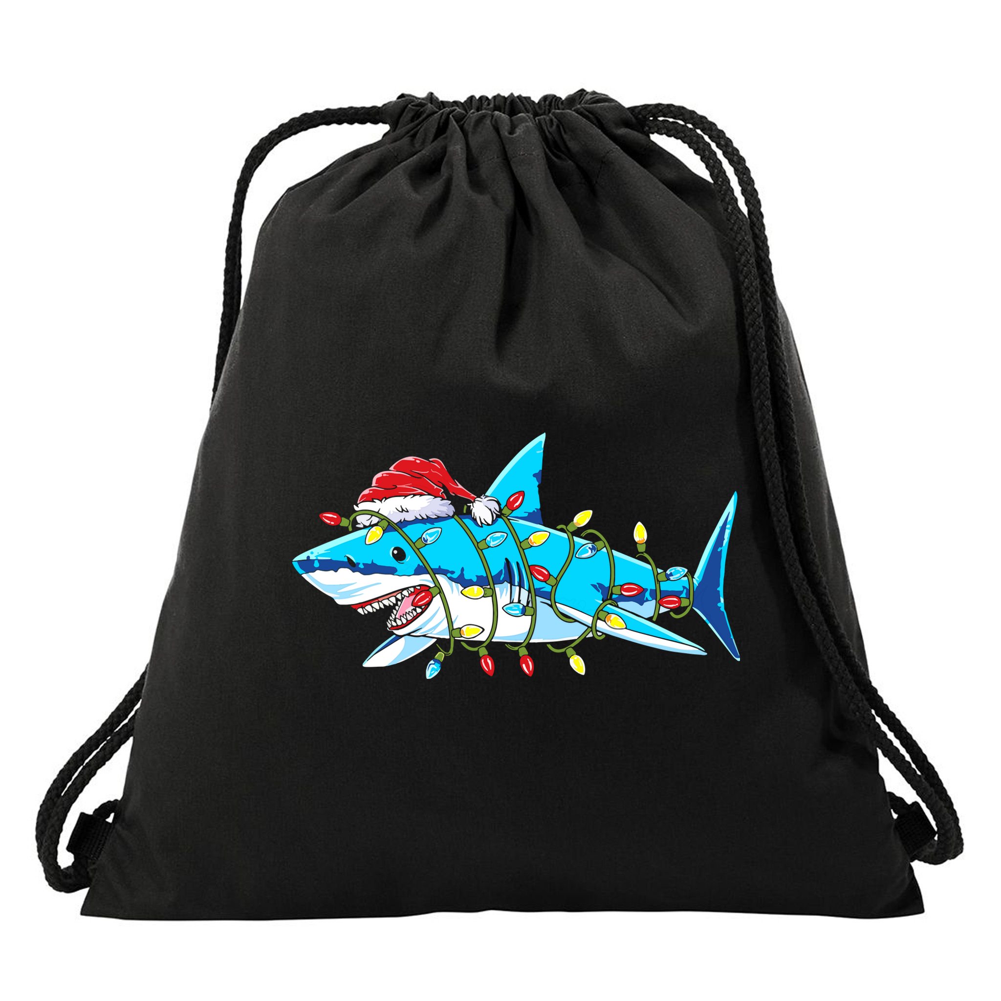 Santa Shark Christmas Lights Sharkmas Drawstring Bag