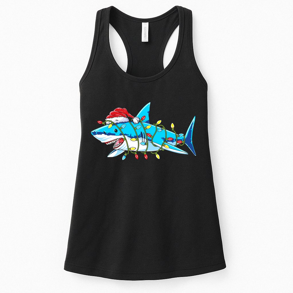 Santa Shark Christmas Lights Sharkmas Womens Tank Top