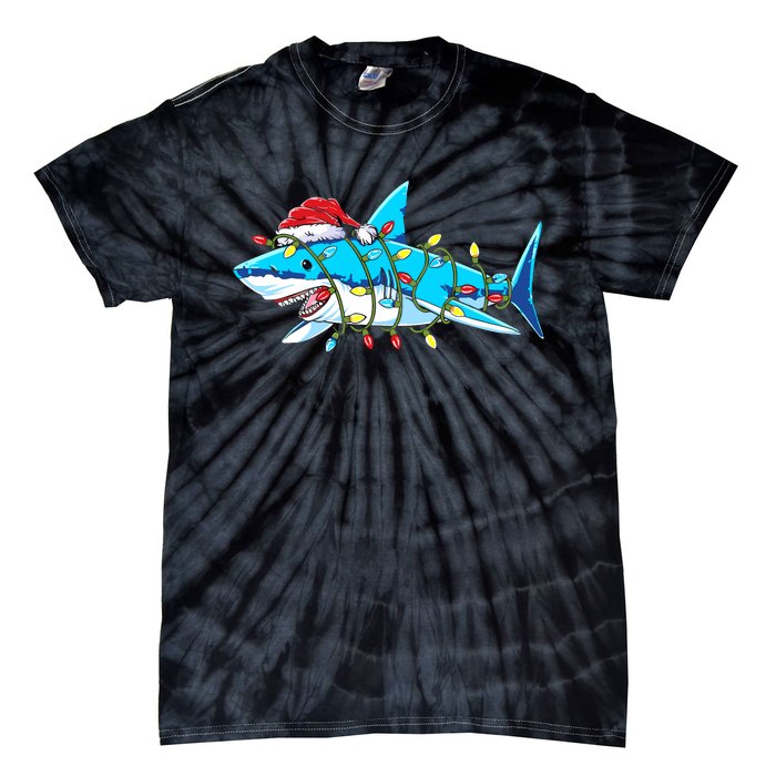 Santa Shark Christmas Lights Sharkmas Tie-Dye T-Shirt