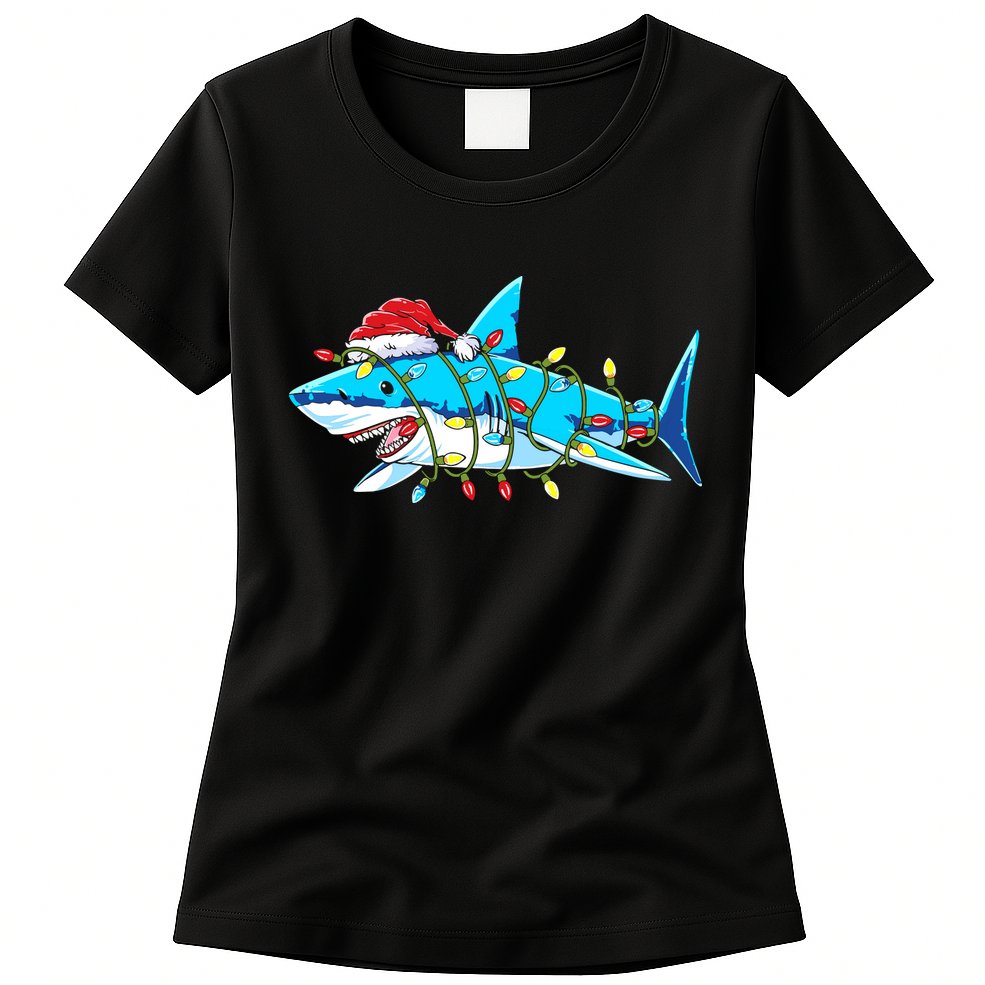 Santa Shark Christmas Lights Sharkmas Womens T-Shirt