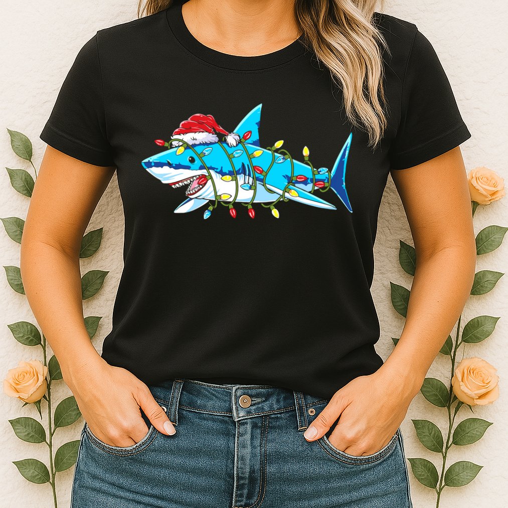 Santa Shark Christmas Lights Sharkmas Womens T-Shirt