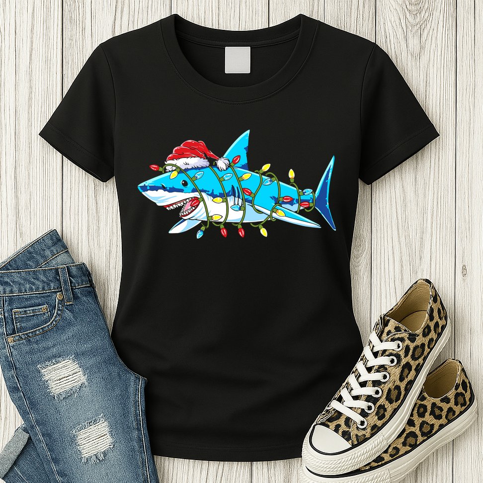 Santa Shark Christmas Lights Sharkmas Womens T-Shirt