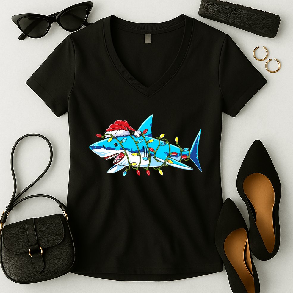 Santa Shark Christmas Lights Sharkmas Women's V-Neck T-Shirt