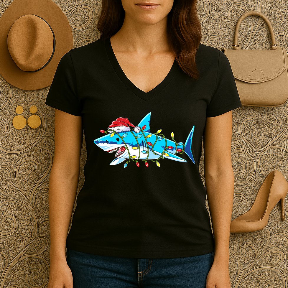 Santa Shark Christmas Lights Sharkmas Women's V-Neck T-Shirt