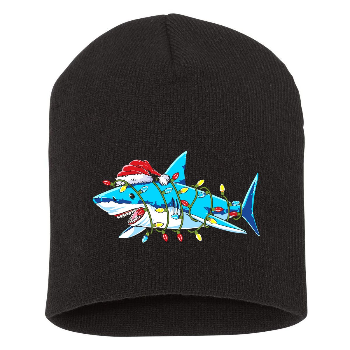 Santa Shark Christmas Lights Sharkmas Short Acrylic Beanie