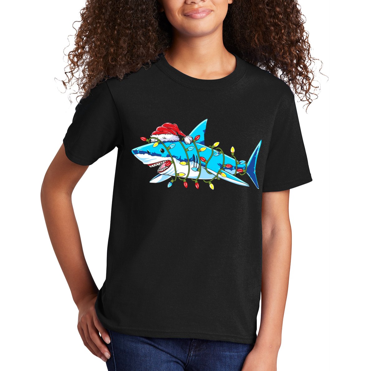 Santa Shark Christmas Lights Sharkmas Kids T-Shirt