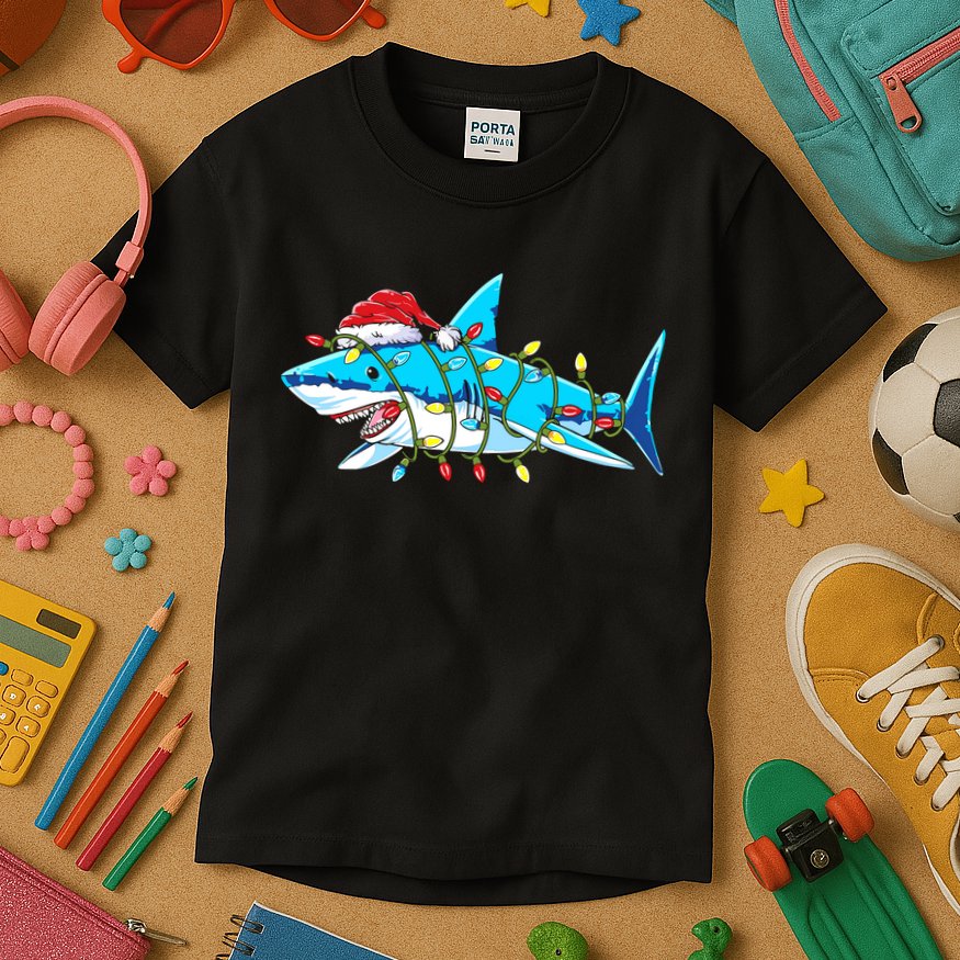 Santa Shark Christmas Lights Sharkmas Kids T-Shirt