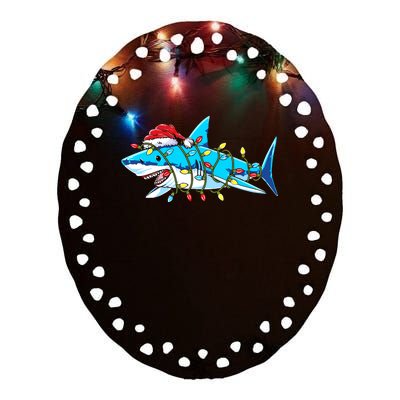 Santa Shark Christmas Lights Sharkmas Ceramic Oval Ornament