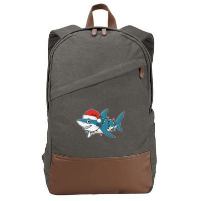 Santa Shark Christmas Lights Sharkmas Tree Xmas 2024 Cotton Canvas Backpack