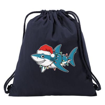 Santa Shark Christmas Lights Sharkmas Tree Xmas 2024 Drawstring Bag